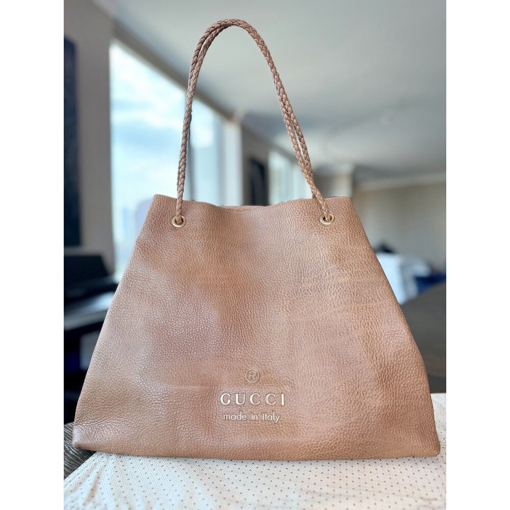 Authentic Gucci Brown Leather Tote Shoulder Bag With Braided Straps